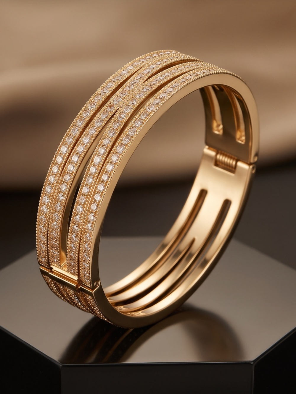Gold Crystal Pavé Hinged Bangle Bracelet - Women Jewelry